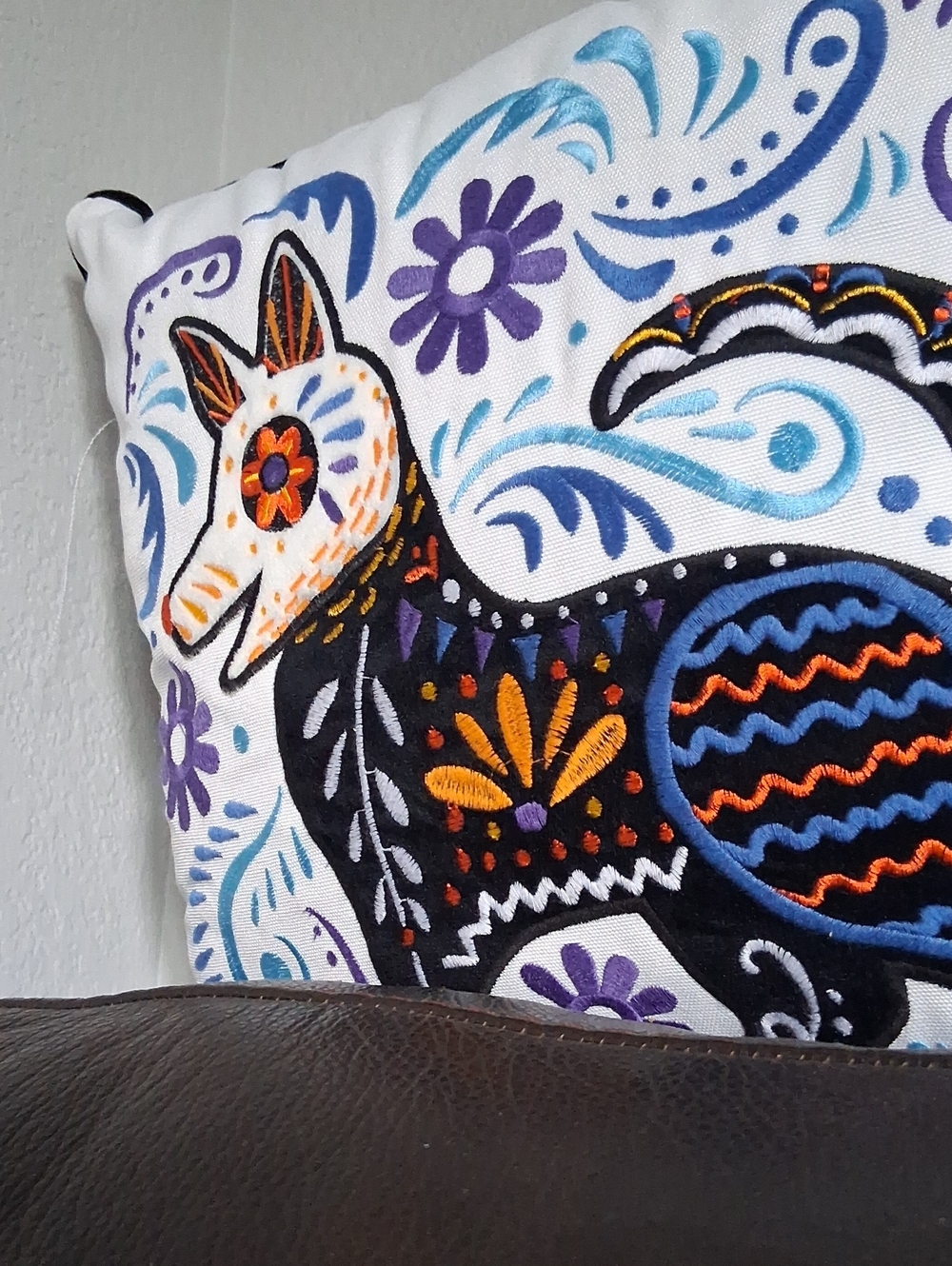 Day Of Embroidered Folk Art Fox Accent Pillow - White with Blue, Purple & Orange